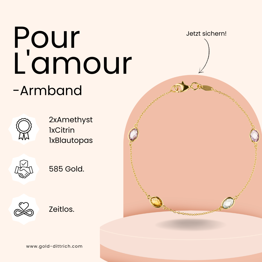 Feines Goldarmband „Pour L'amour“ von Gold Dittrich mit 585er Gold, zwei Amethysten, einem Citrin und einem Blautopas – elegantes Schmuckstück mit zeitloser Note.