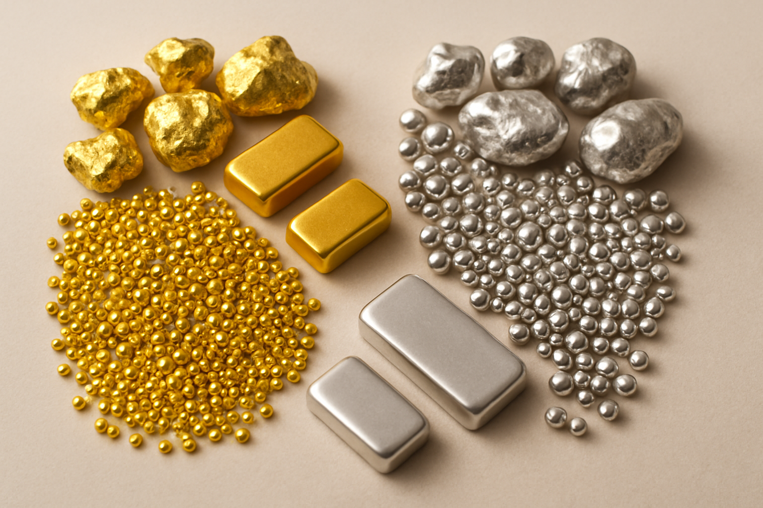 Gold- und Silberrohstoffe: Nuggets, Barren und Granulat – hochwertiges Edelmetall für echten Schmuck