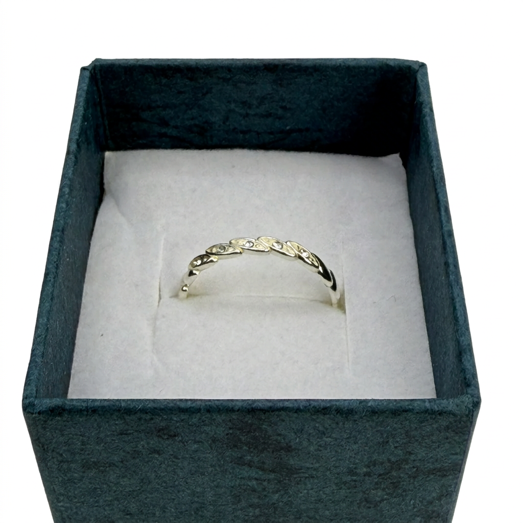 Silberner Ring mit Zirkonia-Steinen im offenen Schmuckkästchen