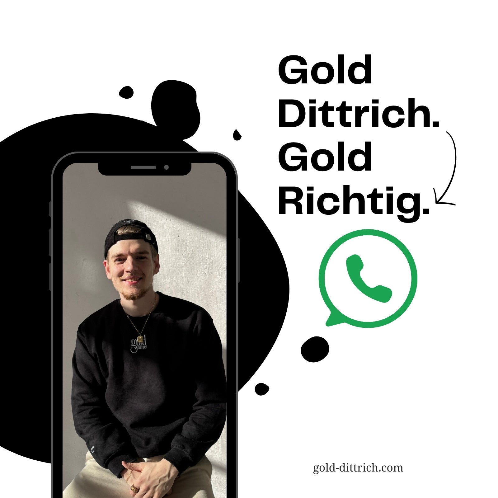 Junger Mann mit Goldkette im Smartphone-Rahmen bewirbt den WhatsApp-Concierge-Service von Gold Dittrich für persönliche Schmuckberatung.