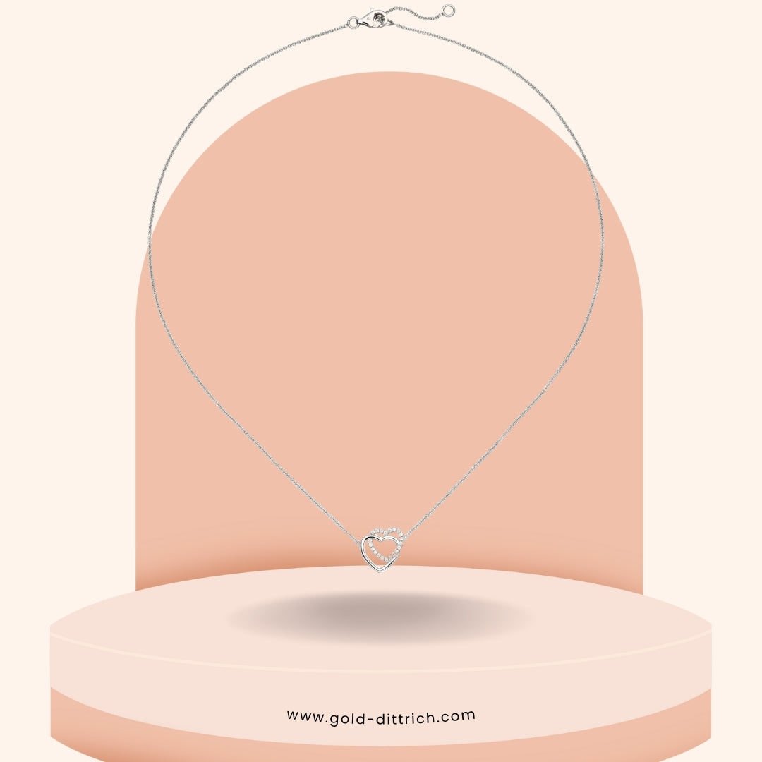 Collier mit Herzanhänger aus 925 Sterlingsilber – besetzt mit 21 Zirkonia, rhodiniert, verstellbare Länge 45 cm, feine Silberkette mit Glanz