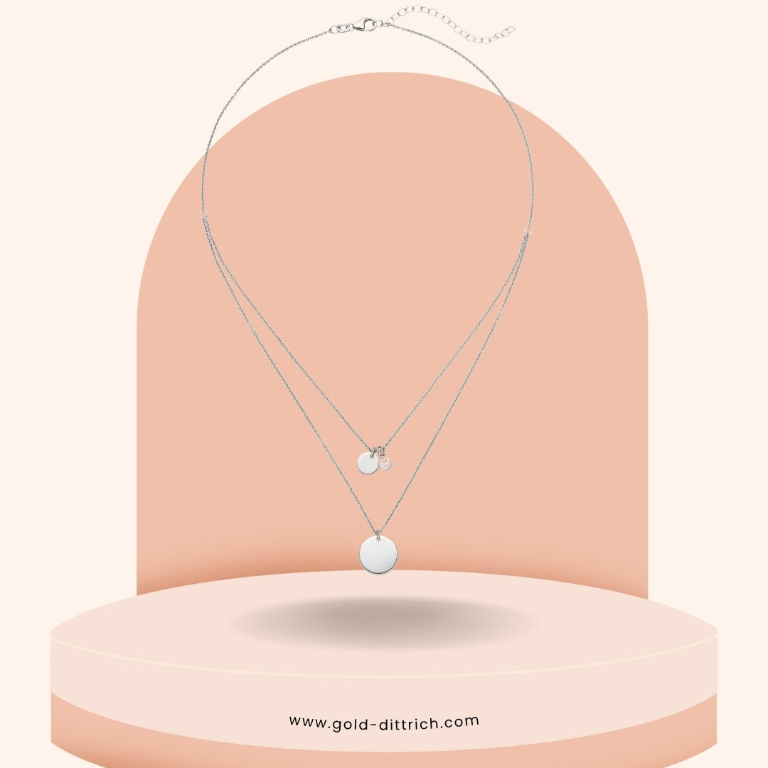Elegantes 2-reihiges Collier aus rhodiniertem 925 Sterlingsilber – Rundankerkette mit Zirkonia- und Plättchenanhängern, verstellbar