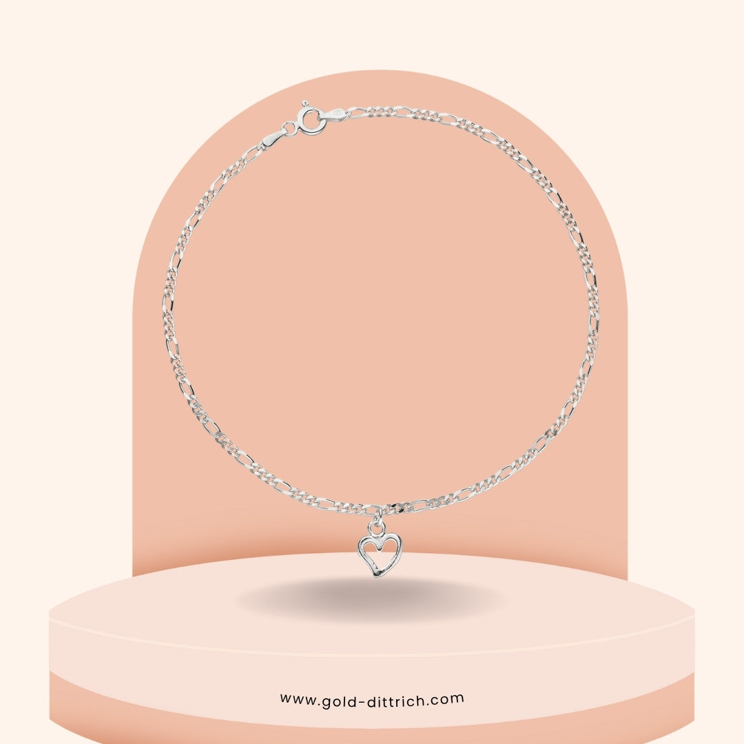 Fußkettchen mit Herzanhänger Figarogliederung  - 925 Silber - Gold Dittrich