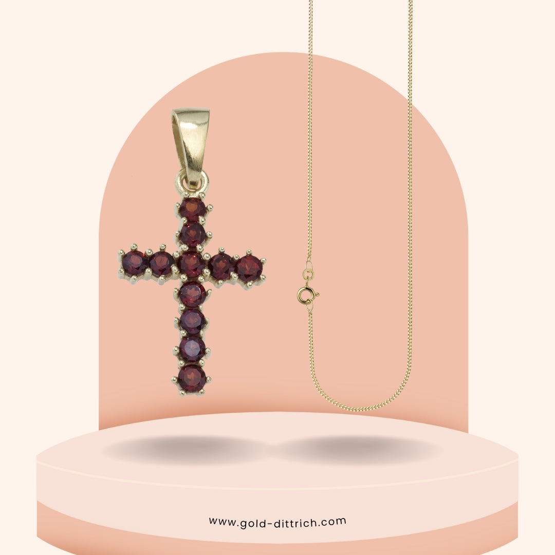 Kreuz Anhänger mit Granate - 333 Gold