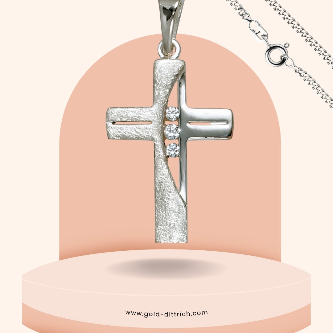 Kreuz Anhänger mit Zirkonia & Kette - 925 Silber