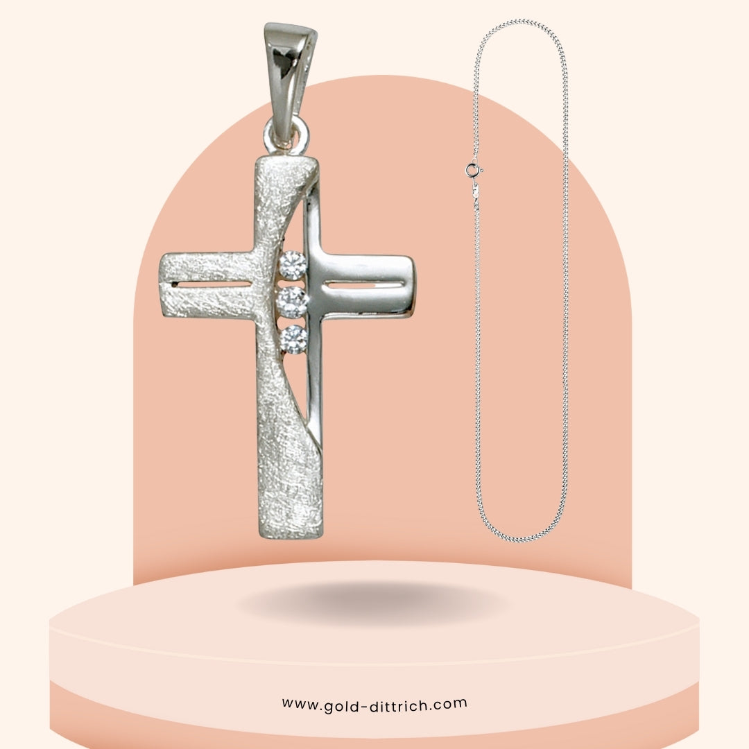 Kreuz Anhänger mit Zirkonia & Kette - 925 Silber
