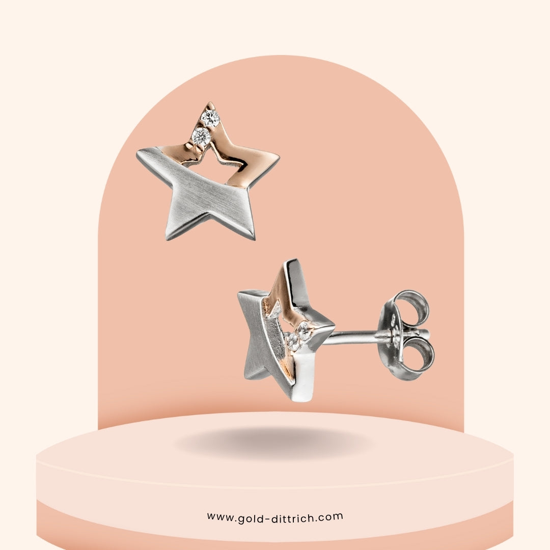 Ohrstecker Stern mit Zirkonia - 925 Silber bicolor