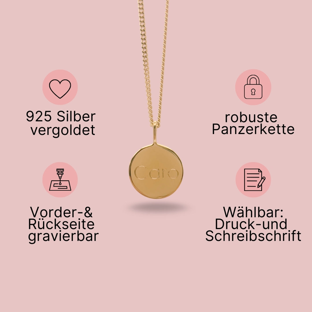 Personalisierbare Gravur Kette Rund - 925 Silber Vergoldet