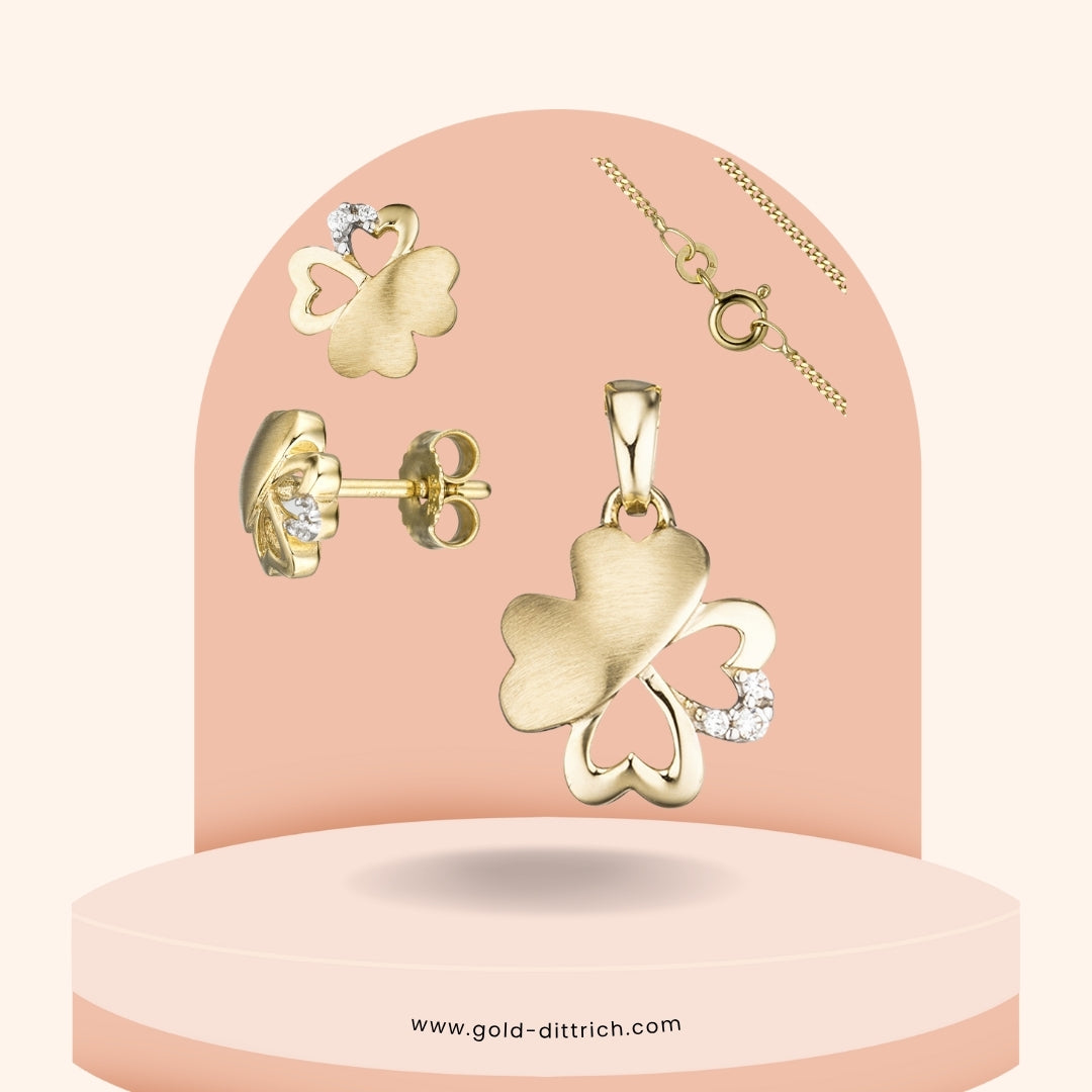 Schmuck-Set Kleeblatt Zirkonia – 333 Gold