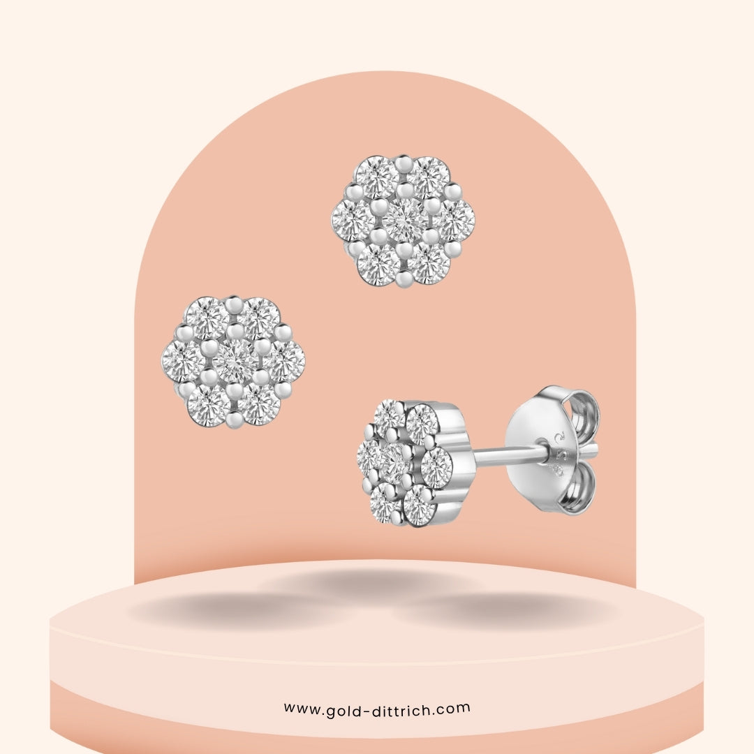 Set Collier & Ohrstecker Blume mit 21 Zirkonia - 925 Silber - Gold Dittrich
