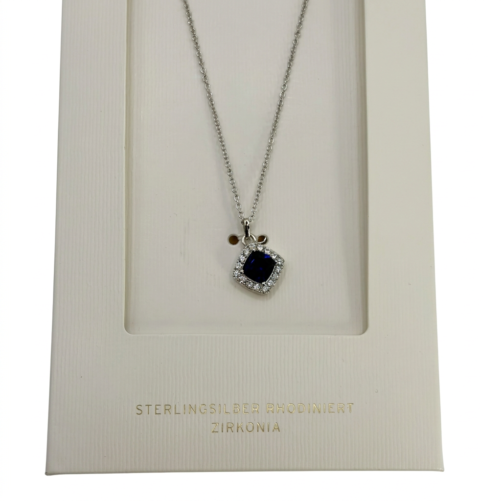 925-Silberkette mit blauem Zirkonia-Anhänger und funkelnder Fassumrandung