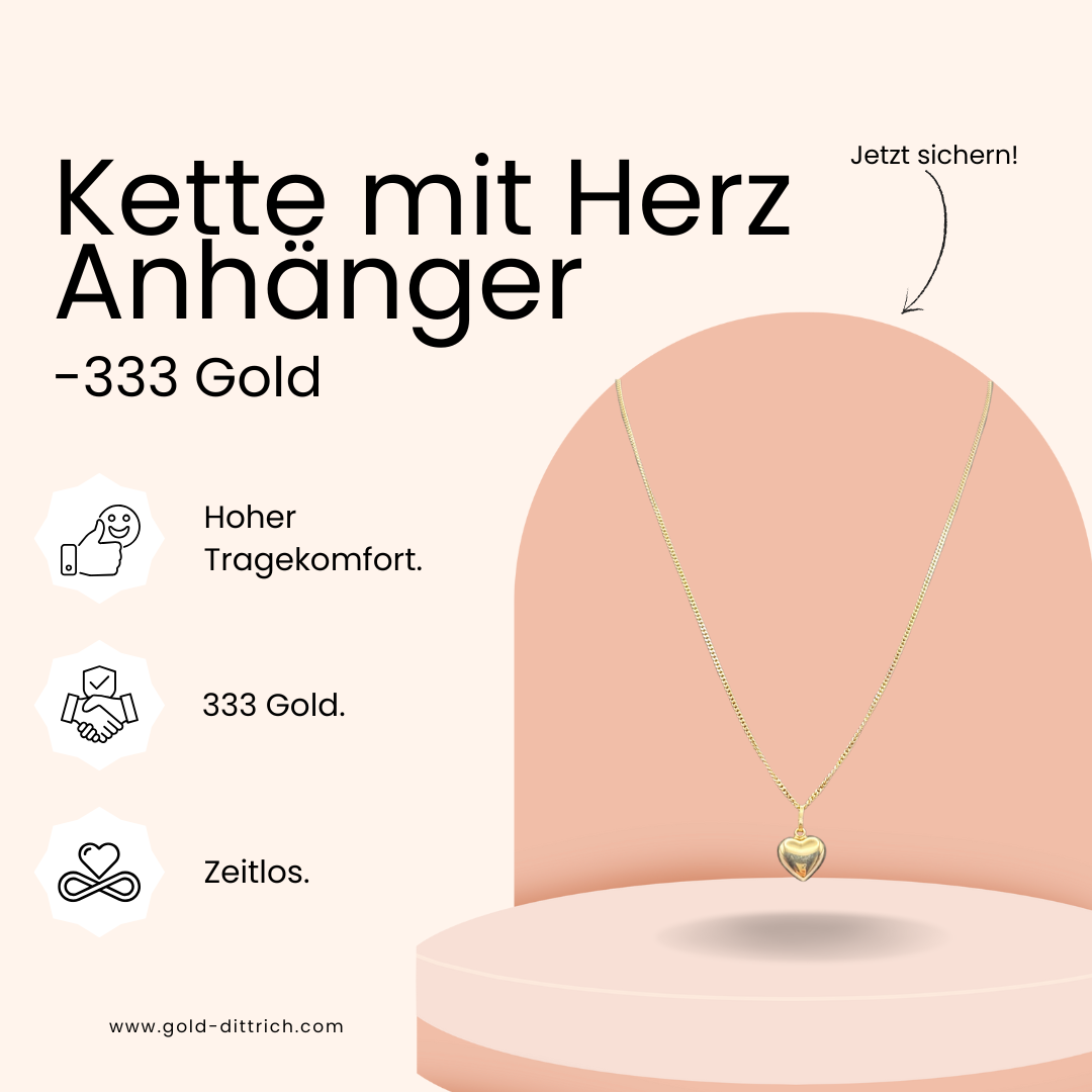 Zarte Kette mit Herzanhänger aus 333 Gelbgold auf Präsentationspodest – liebevolles Schmuckstück von Gold Dittrich mit hoher Tragequalität und zeitlosem Design