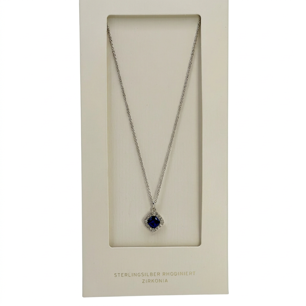 925-Silberkette mit blauem Zirkonia-Anhänger im quadratischen Fass