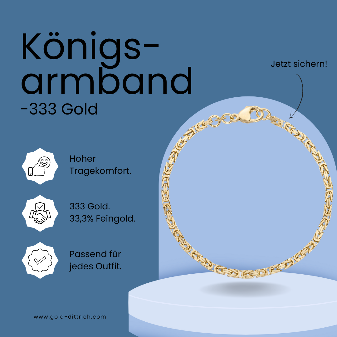 Werbegrafik mit Königsarmband aus 333 Gelbgold – massives Armband mit hohem Tragekomfort, stilvoll und passend zu jedem Outfit, erhältlich bei Gold Dittrich.