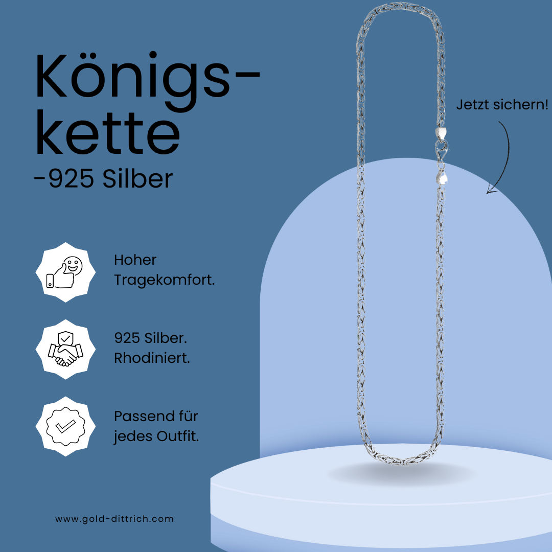 Königskette aus 925 Sterling Silber, rhodiniert – massive Silber-Halskette mit 55 cm Länge und hochwertigem Karabinerverschluss von Gold Dittrich.