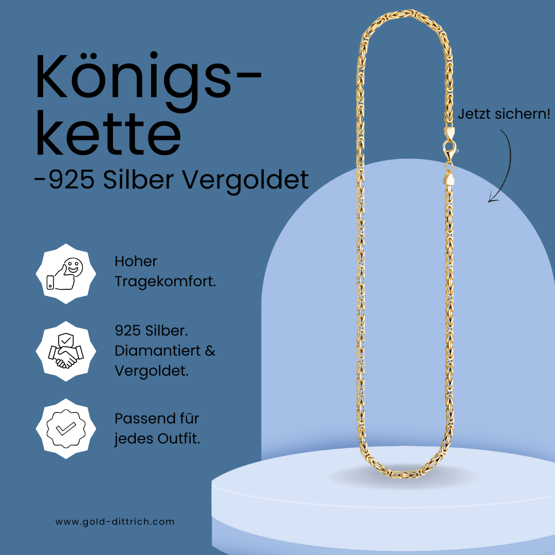 Vergoldete Königskette aus 925 Sterling Silber mit diamantierter Oberfläche – hochwertiger Herrenschmuck mit 60 cm Länge von Gold Dittrich.