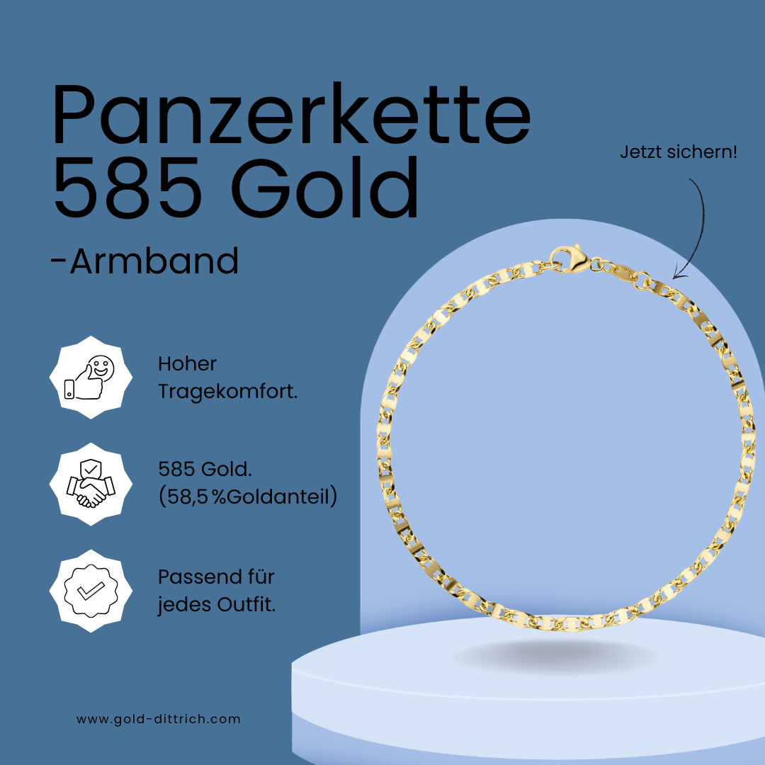 Panzerkette Armband aus 585er Gold (14 Karat) – eleganter Unisex-Schmuck mit glänzender Oberfläche von Gold Dittrich.